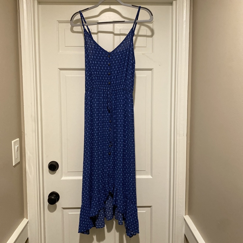 Rewind Dressβ Women's Size L Blue Adjustable Straps Midi Asymmetrical